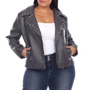 WHITE MARK Women's Gray Faux Leather Studded Biker Coat Jacket Plus Size 2X